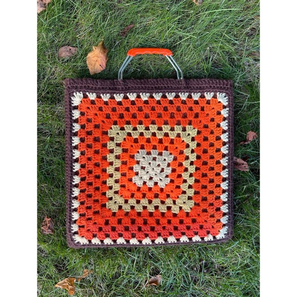 Vintage Large 15” Crochet Brown and Orange Bag - Picture 6 of 8